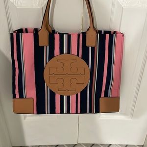 TORY BURCH PINK AND BLUE STRIPED ELLA TOTE